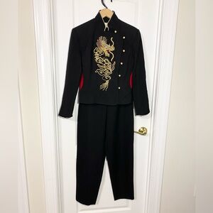 Y2K Cache DRAGON Embroidered Wool Pantsuit USA MADE Vintage Black Red Gold 6